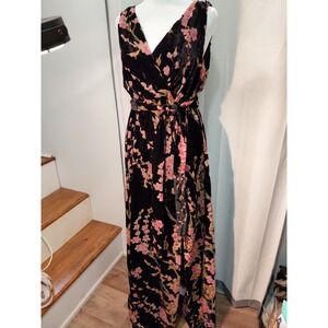 Maxi Dress Women's Med Babydoll Wrap Black Floral Velvet Burnout  Sleeveless